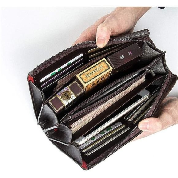 Mens Wallet Long Purse Leather Clutch Y-brown - Picture 2 of 6